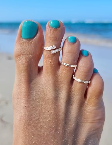 FASACCO 9Pcs 14K Gold Filled Toe Rings Non Tarnish Toe Rings for Women | Adjustable Open Band Ring, Silver Plated Toe Ring, Waterproof Summer Beach Foot Jewelry - color: Silver-CZ