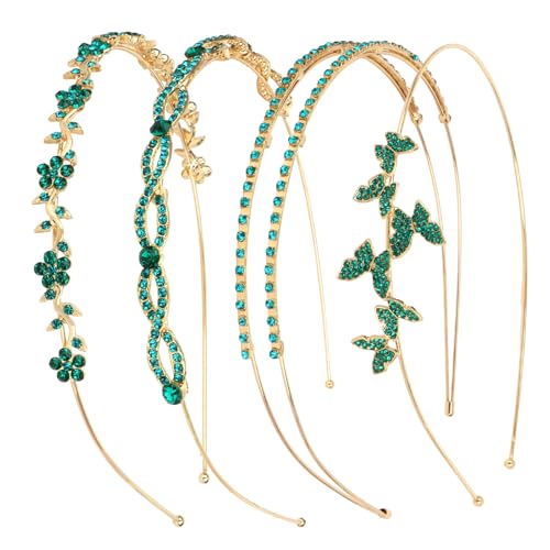 Wecoe 4 Pack Rhinestone Headband for Women and Girls, Flower Wedding Headband, Bridal Shower, Party, Prom, Cosplay, Hair Accessories, Gifts - color: Gold band & blue/green rhinestones