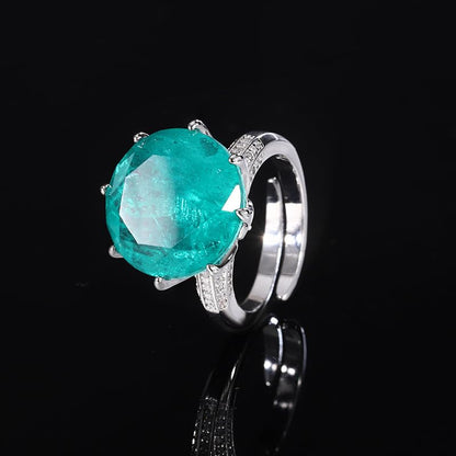 Large Round Gem 8-Prong Open Ring, 3 Colors Red Blue Aqua Green Triple Pave Silver Heavy Cocktail Ring for Women - color: green