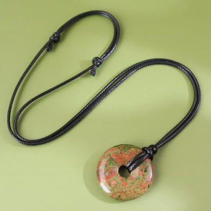 FANASY Natural Gemstone Pendant Necklce Lucky Coin Crystal Necklace Protection Donut Pendnat with Adjustable Rope for Men Women - color: Unakite