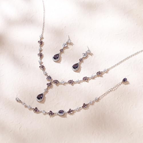 Teardrop Marquise Cubic Zirconia Wedding Prom Jewelry Set for Women Bridal | Silver/Gold/Rose Gold Plated, Pear Cut Pendant Necklace Drop Earrings Link Bracelet, for Bride Bridesmaid, for Banquet Party - style: A_Three Set, Purple