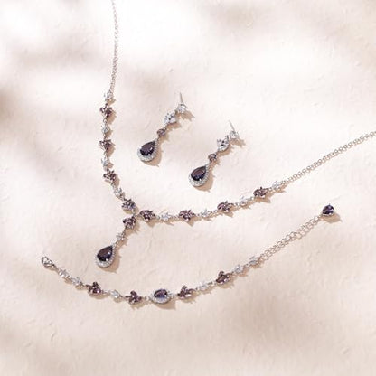 Teardrop Marquise Cubic Zirconia Wedding Prom Jewelry Set for Women Bridal | Silver/Gold/Rose Gold Plated, Pear Cut Pendant Necklace Drop Earrings Link Bracelet, for Bride Bridesmaid, for Banquet Party - style: A_Three Set, Purple