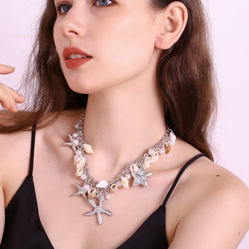 RUOFFETA Shell Starfish Necklace Bracelet Conch Statement Chunky Necklace Mermaid Costume Jewelry Beach Jewelry for Women - style: Necklace Silver