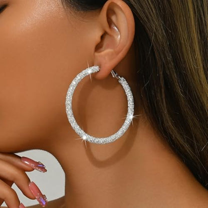Large Gold Rhinestone Hoop Earrings Silver Sparkly Big Hoop Earrings for Women Black Earring Bling Chunky Silver Hoops 60mm Trendy Statement Earring for Women Bling Hoop for Prom Wedding Party Chunky Jewelry - style: Silver-Plated Hoops 60mm