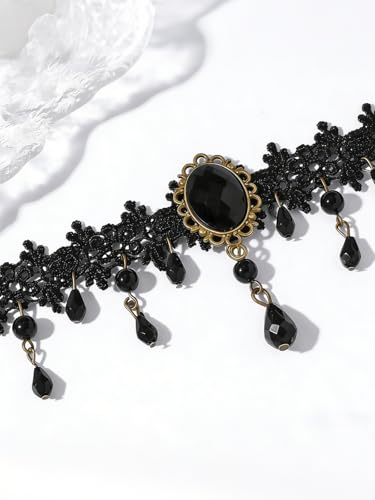 Lace Choker Necklace for Women Tassel Pendant Choker Necklaces Elegant Boho Collar Necklaces Statement Artistic Chain Necklace with Pearl Halloween Party Cosplay Costume Jewelry - color: Black Beads-2