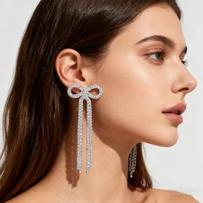 Rhinestone Earrings Dangling for Women Sparkly Silver Dangle Earrings Girls Long Chandelier Earrings Tassel Lightweight Ear Studs Cubic Zirconia (KE001S-W) - color: Bow 516286S Silver Clear