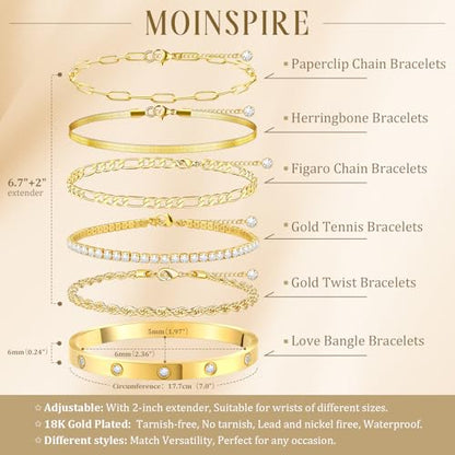 MOINSPIRE Bracelets for Women Non Tarnish, Dainty 18K Gold Plated Bracelets Stack Trendy Waterproof Stackable Bangles, Cuban Link Paperclip Chain Jewelry Set Fashion Accessories Gifts for Women - color: A2--Gold Tennis Ball+Bracelet