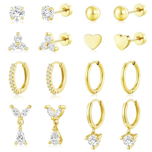 Adoyi 9 Pairs Gold Hoop Earrings Set for Womens Twisted Huggie Hoops Earrings 14K 18K Gold Plated for Girls Valentines Mother's Day Birthday Gifts Lightweight - color: 8Pairs Gold
