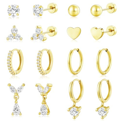 Adoyi 9 Pairs Gold Hoop Earrings Set for Womens Twisted Huggie Hoops Earrings 14K 18K Gold Plated for Girls Valentines Mother's Day Birthday Gifts Lightweight - color: 8Pairs Gold