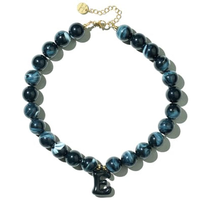 DoDoBeads Chunky Colorful Beaded Initial Necklace, Bubble Letter Choker | Gift box and dust pouch included; waterproof and sweat-resistant with real gold plated stainless steel hardware - color: Black-E