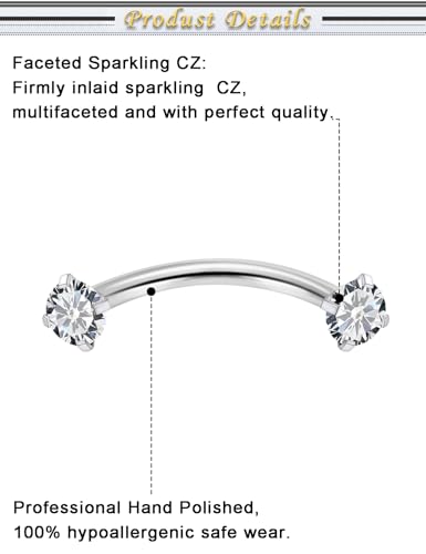 16G Eyebrow Piercing Jewelry Surgical Steel Cubic Zirconia Internally Threaded Vertical Labret Lip Jewelry Curved Barbell Tiny Eyebrow Rings Ear Rook Small Belly Button Ring for Women Men - color: silvertone,bar length:10mm