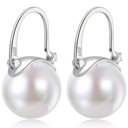 HUGE TOMATO Elegant 925 Sterling Silver Pearl Drop Earrings for Women, 14K Gold Plated Dangle Stud Earrings, Hypoallergenic Large Pearl Hoop Earring dangling 12mm - color: White