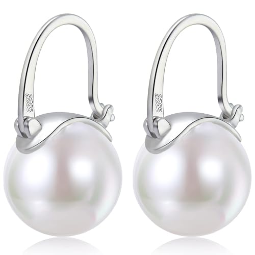 HUGE TOMATO Elegant 925 Sterling Silver Pearl Drop Earrings for Women, 14K Gold Plated Dangle Stud Earrings, Hypoallergenic Large Pearl Hoop Earring dangling 12mm - color: White