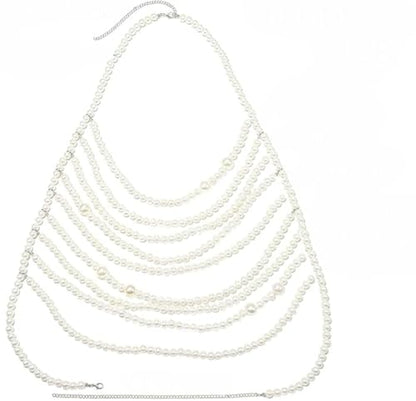 Pearl Body Chain Shoulder Necklace Pearl Top Bikini Pearls Shoulder Chains Bra Chain Jewelry for Women Rave Nightclub Party Body Accessories Sexy Bra Chain (9 line)