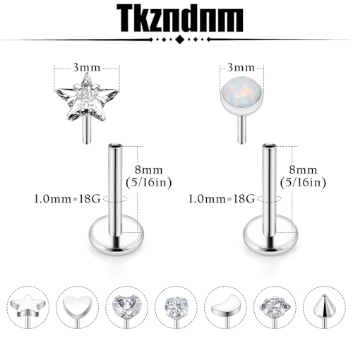 Threadless Noses Rings, Flat Back Earrings, 20/18/16g-Gauge 5/16in-Post 3mm-Top, Hypoallergenic Surgical Steel Medusa Lip Labret Cartilage Helix Tragus Conch Piercing Jewelry for Women Men - color: White, size: 18g*8mm