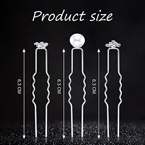60 Pieces Bridal Wedding Hair Pins Silver Pearl Rhinestone Crystal Flower U Shape Clips Diamond Jewelry Updo Hair Barrettes Prom Styling Decorations Accessories for Brides Bridesmaids Women