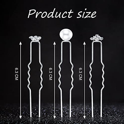 60 Pieces Bridal Wedding Hair Pins Silver Pearl Rhinestone Crystal Flower U Shape Clips Diamond Jewelry Updo Hair Barrettes Prom Styling Decorations Accessories for Brides Bridesmaids Women