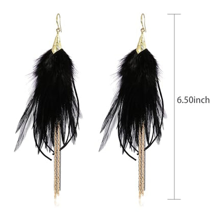 Bohemian Feather Dangle Earrings for Women with Shell Beads Long Tassel Design Drop Earrings - style: Style-Black