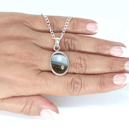 Chunky Natural Gemstone Pendant Necklace For Women Onyx, Turquoise, Amber, Garnet Oval Boho Genuine 925 Sterling Silver Handmade Jewelry - color: Blue Opal
