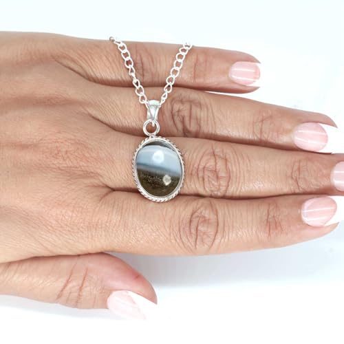 Chunky Natural Gemstone Pendant Necklace For Women Onyx, Turquoise, Amber, Garnet Oval Boho Genuine 925 Sterling Silver Handmade Jewelry - color: Blue Opal