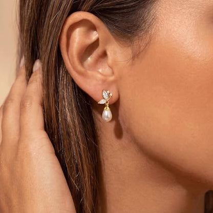 Pearl Earrings for Women:Gold Wedding Dangle Drop Earring Pearl Jewelry | 14K Gold Plated Pearl Drop Earrings for Women,Dainty Wedding Bride Earring Studs,Gold Dangle Drop Earring,Waterproof Jewelry - size: 1 pcs-16