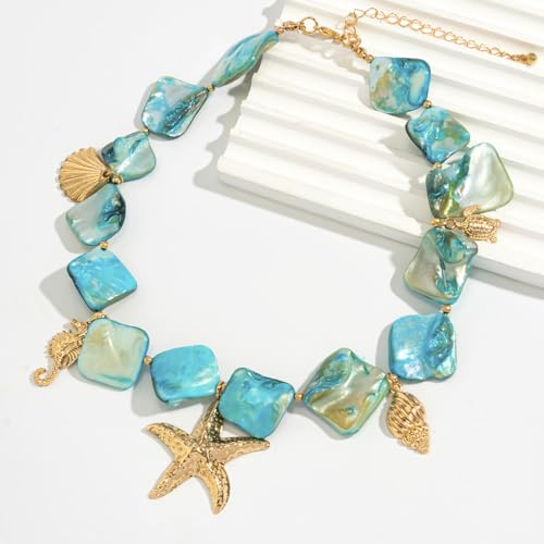 Boho Chunky Shell Necklace for Women Baroque Pearl Pendant Necklaces Irregular Shell Beaded Choker Necklace Trendy Vacation Jewelry Accessories - color: Blue2