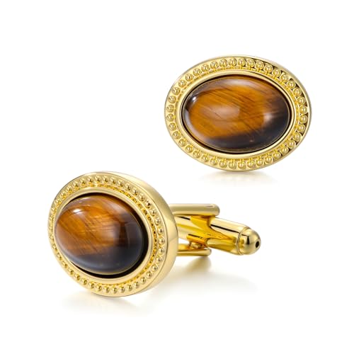 Crystal Cufflinks for Men, Shiny Cuff Links for Suit, in Gift Box, Business Cufflinks Accessories, Valentine's Day Birthday Gift for Groom Husband Dad - color: Tiger - Oval - Gold
