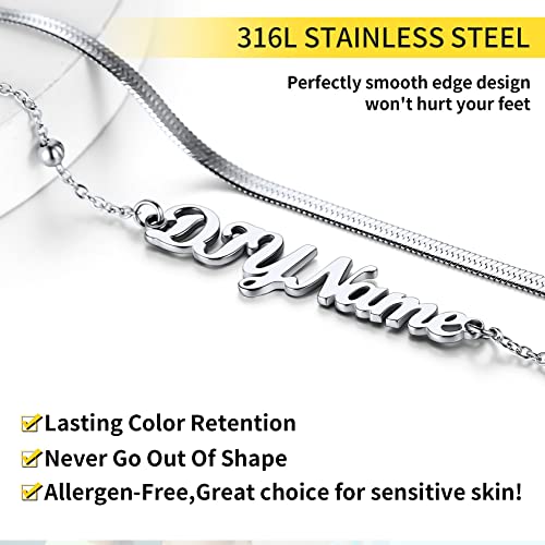 ChainsHouse Double Layer Anklet Bracelet for Women,Adjustable Chain Anklets Stackable Dainty Anklets,Stainless Steel/Gold Plated/Black Ankle Jewelry Gifts - color: A-Silver-Snake Chain