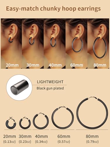 FindChic Hoop Earrings for Women, Silver/Black/14K Gold Plated Hypoallergenic Hollow Round Tube Loop Earrings, 20mm/30mm/40mm/60mm/80mm Chunky Hoops with Custom Name Options & Gift Box - color: a.Black, size: 20MM