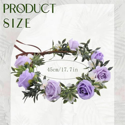 Fairy Purple Flower Crown Headband, Boho Rose Floral Headpiece | Artificial, Adjustable Fairy Woodland Headbands, Women Maternity Wedding Renaissance Festival Birthday Party Accessories - color: White-purple
