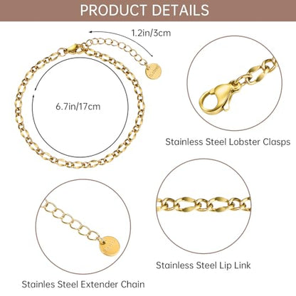 UMAOKANG 10PCS Gold Stainless Steel Lip Chains Bracelet for Jewelry Making | PVD Gold Plating Hand Chain Bracelets Bulk Permanent Bracelet Kit - color: 10pcs Lip Gold