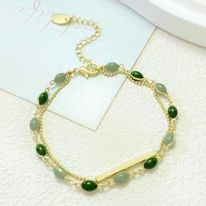 Green Blue Oval Stone Inlay Bar Accent Double Chain Link Bracelet For Women Dainty Minimalist Fashion Adjustable Layering Gold Color Chic