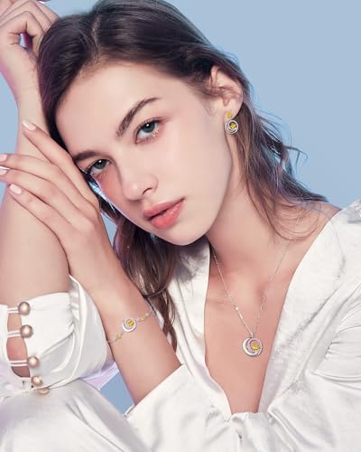 FANCIME Birthstone Necklaces 925 Sterling Silver Moon and Star Pendant Fine Jewelry Birthday Mothers Day Gifts for Mom Wife Her Daughter, Adjustable Chain 16+2" - color: Nov.- Citrine