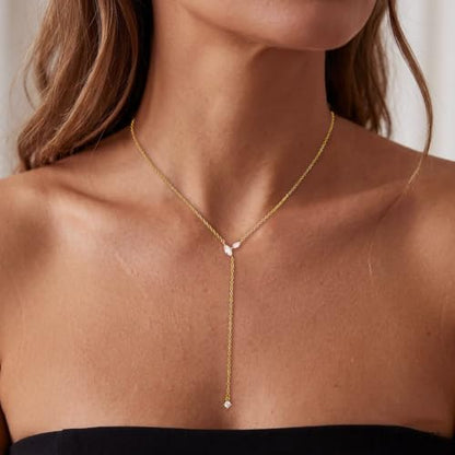 LuckFairy Lariat Necklace for Women，Dainty Gold Long Necklaces 14k Gold Plated CZ Lips Bead Y-Shaped Drop Chain Necklace Simple Gold Layered Necklaces for Women Trendy Gold Jewelry Gifts for Women - color: LEAF CZ
