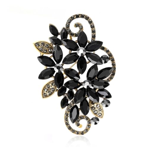 YOQUCOL Vintage Red Austrian Crystal Rhinestone Flower Shape Brooch Pin for Women - color: Black