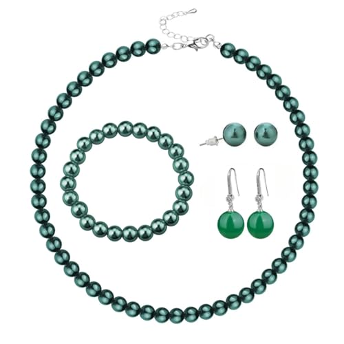 tenghong2021 Fashion Classic Faux Pearl Jewelry Set Necklace Bracelet Earrings for Women Best Gift - color: Green 4