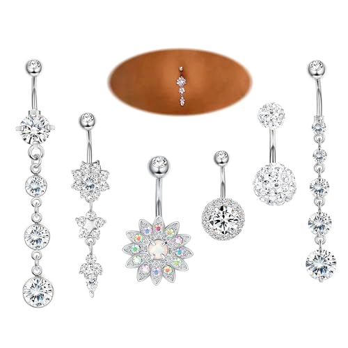 JOERICA 3-6Pcs 14G 316L Stainless Steel Belly Button Rings for Women Flower CZ Dangle Belly Button Rings Navel Piercing Jewelry - style: 6Pcs,Silver-tone