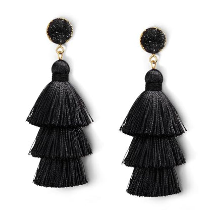 Me&Hz Colorful Layered Tassel Earrings Bohemian Statement Tiered Tassel Big Dangle Drop Earrings for Women Druzy Studs Valentine’s Day Gift - color: Black