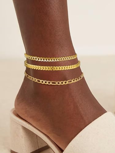 Silver Ankle Bracelets for Women Waterproof Stainless Steel Anklet Adjustable Layered Cuban Silver Anklets Set Summer Beach Foot Jewelry Gift - color: Cuban chain/gold