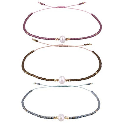 KELITCH 3 PCS Natural Pearls Bracelets Women Strand Thin Rope Friendship Bracelets Handmade Stack Charm Bracelets - color: 02I