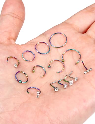 20g Nose Rings Hoops L Shaped Studs Gold/Black/Rainbow Piercings Jewelry for Women Hypoallergenic Surgical Stainless Steel - color: Rainbow