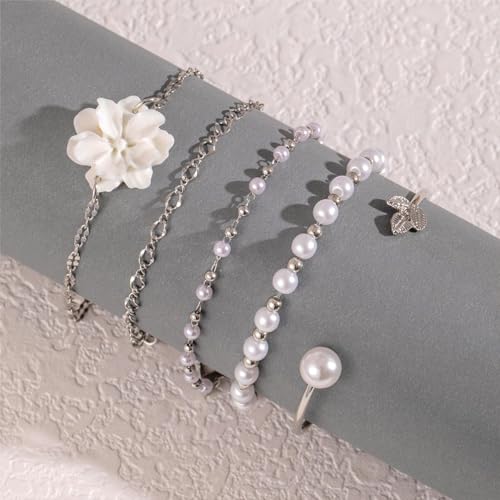 5Pcs Boho White Flower Beaded Pearl Bracelets for Women Trendy, Cute Gold Silver Stackable Floral Petal Pearls Beads Chain Bracelet Holiday Jewelry Gifts - color: Silver