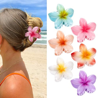6 Pcs Flower Hair Claw Clips for Women, Hawaiian Hair Clips for Thick Thin Hair, Cute Summer Beach Hair Accessories - color: Pink