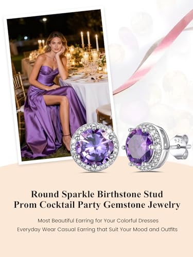Bestyle Authentic 925 Sterling Silver 2 Carat Birthstone Earrings for Women, More Sparkle Heart/Round Solitaire Diamond Studs Earrings, Great Birthday/Christmas/Anniversary Jewelry for Wife Mother - color: 06. June Alexandrite-Round