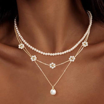 Zeffy Gold Pearl Necklace for Women, Dainty 14K Gold/Silve Plated Layered Pearl Choker Pearl Earrings Pearl Bracelets Wedding Trendy Gold Jewelry Set for Women Gifts - style: Gold Daisy Pearl Necklace-3PCS