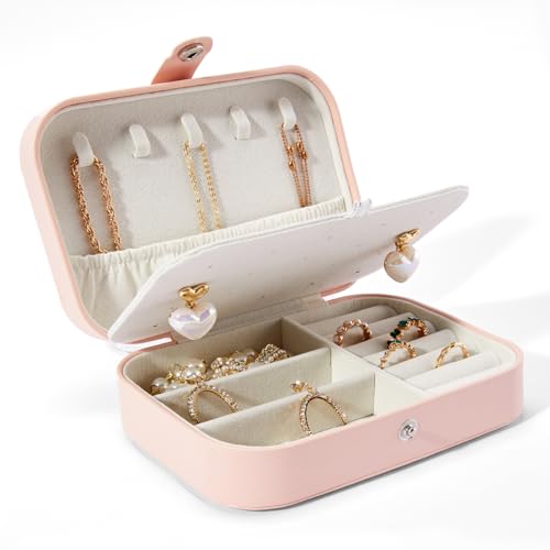 Smileshe Jewelry Box, PU Leather Small Portable Travel Case, 2 Layers Organizer Display Storage Holder Box for Rings, Earrings, Necklaces, Bracelets - color: Leather-Pink