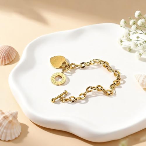 Charm Bracelet for Women 18k Gold/Silver/Rose Gold Plated Love Heart Elegant OT Clasp Stainless Steel Green Bag Packaging Jewelry Gift Birthday - color: 18k Gold, size: 8 inch