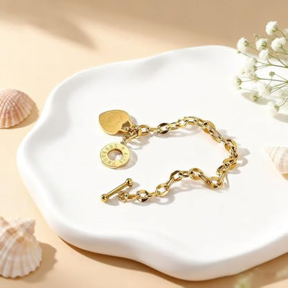 Charm Bracelet for Women 18k Gold/Silver/Rose Gold Plated Love Heart Elegant OT Clasp Stainless Steel Green Bag Packaging Jewelry Gift Birthday - color: 18k Gold, size: 8 inch