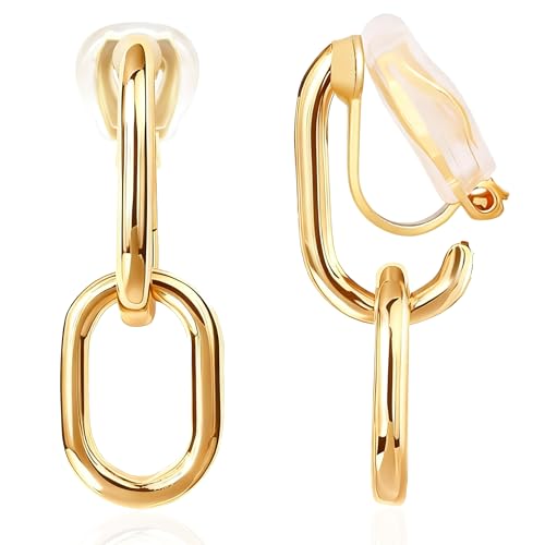FAN&LOUIS 24K Gold Plated Clip On Earrings for Women, Gold Chain Link Drop Dangle Double Hoops Hypoallergenic Trendy Lightweight Clip-On Earrings for Non-Pierced Ears - style: Gold