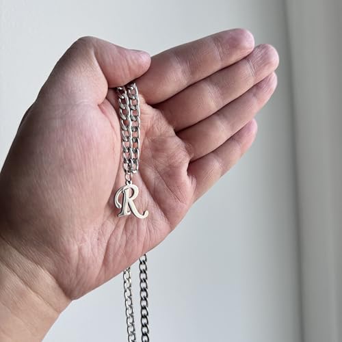 Stainless Steel Initial A-Z Necklace for Men Women,Cuban Chain,Titanium Steel Initial Letter Pendant Charm Necklaces Accessories Jewelry for Woman Man,21 Inch Chain - color: R